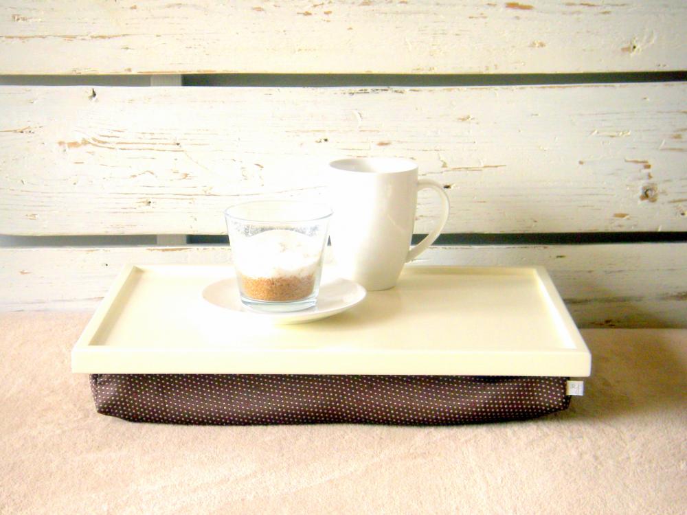 Wooden Laptop Lap Desk Or Breakfast Serving Tray - Off White With Brown Irregulary Dotted, Slighty Shinny Polyester Fabric- Custom Order