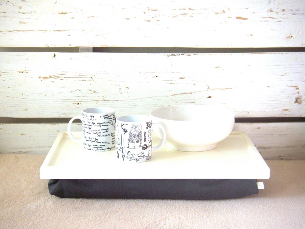 Breakfast Serving Or Laptop Lap Desk- Off White With Dark Grey Linen Farbric- Custom Order