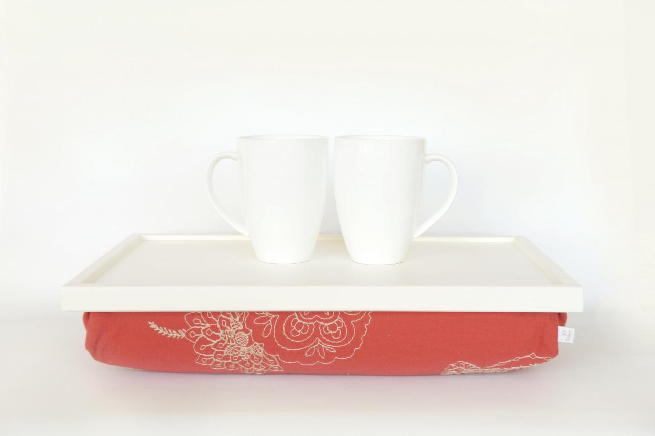 Wooden Laptop Lap Desk Or Breakfast Serving Tray - Off White With Pastel Coral Linen Pillow With Embroidery
