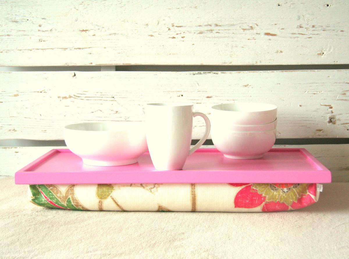 Wood Breakfast Serving Or Laptop Lap Desk- Xl Size- Pink With Creme, Coral And Green Flower Printed Linnen Pillow