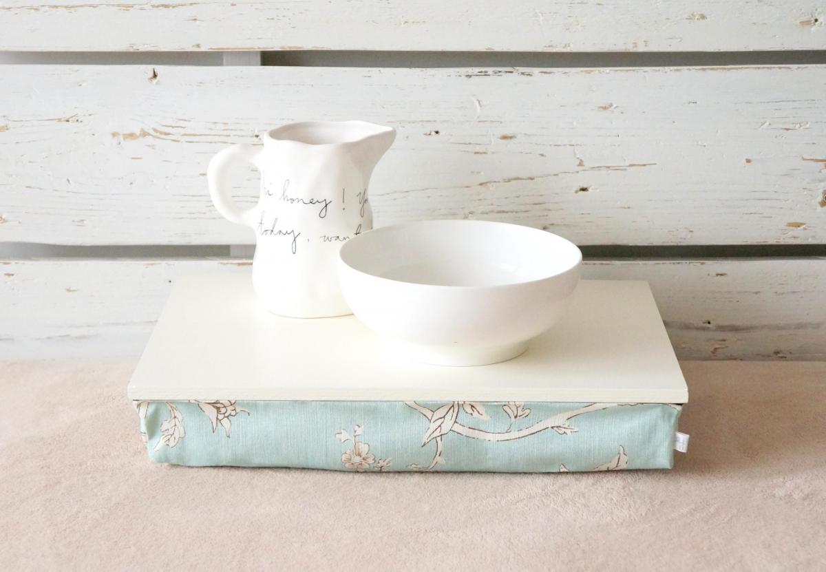 Laptop Lap Desk Or Breakfast Serving Tray Without Borders - Off White With Sky Blue Aqua Floral Pillow