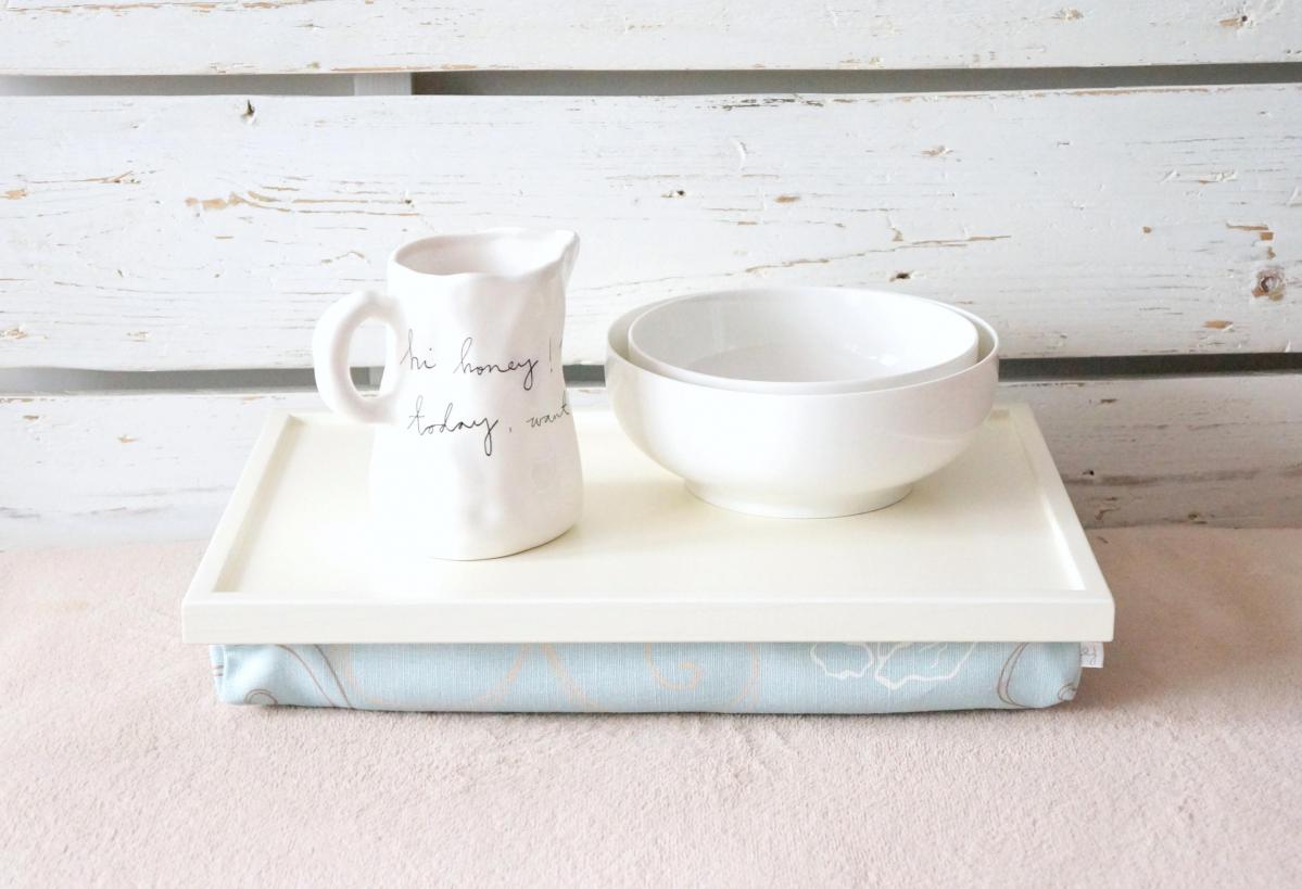 Laptop Lap Desk Or Breakfast Serving Tray - Off White With Sky Blow Floral Print Pillow- Custom Order