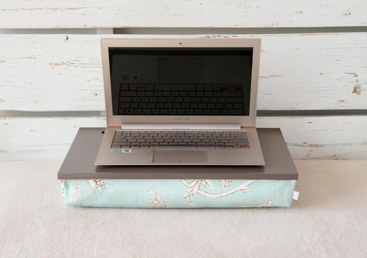Laptop Lap Desk Or Breakfast Serving Tray Without Borders - Off White With Sky Blue Aqua Floral Pillow