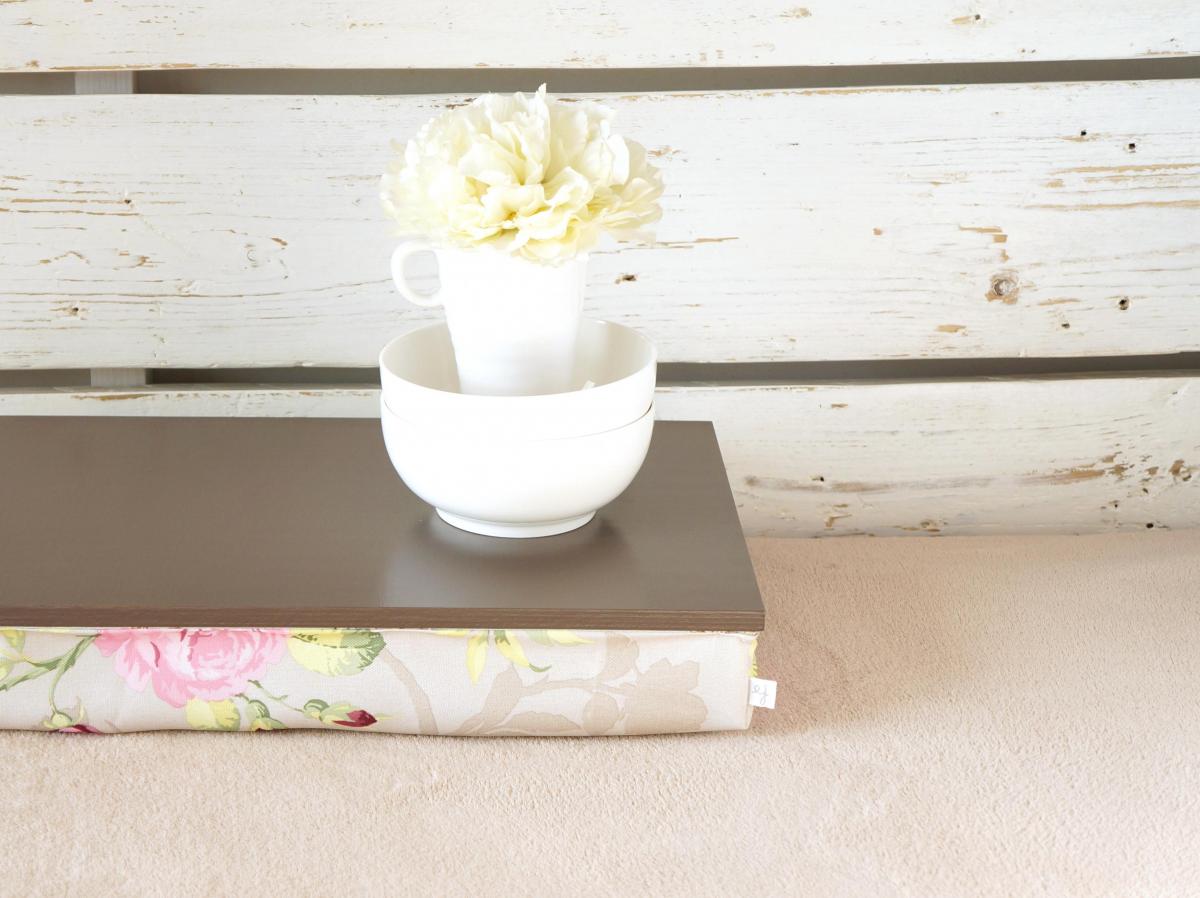 Stable Table, Ipad Stand Or Breakfast Serving Tray - Greyish Brown With Rose Floral Print Pillow