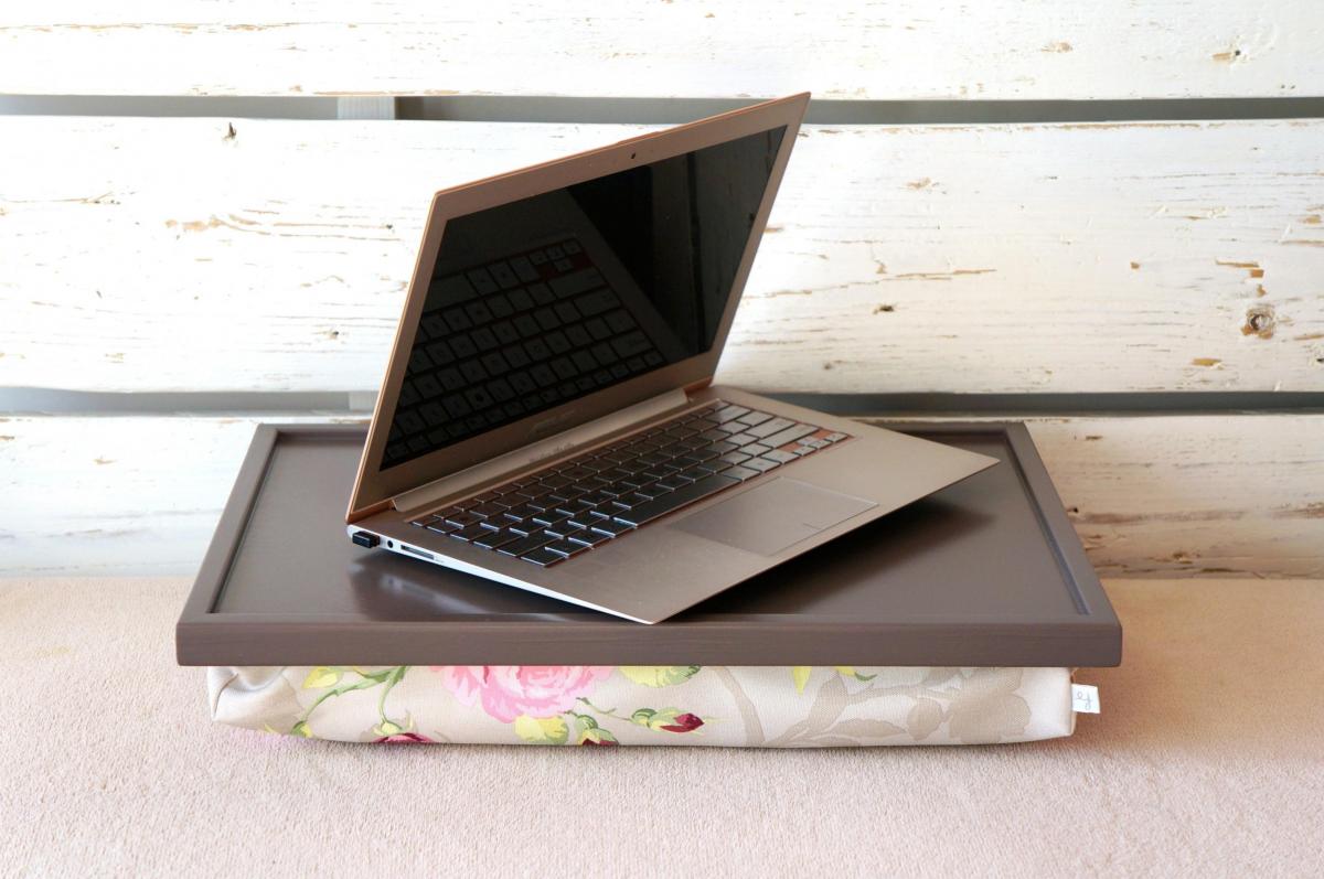 Laptop Lap Desk Or Breakfast Serving Tray - Greyish Brown With Rose Floral Print Pillow