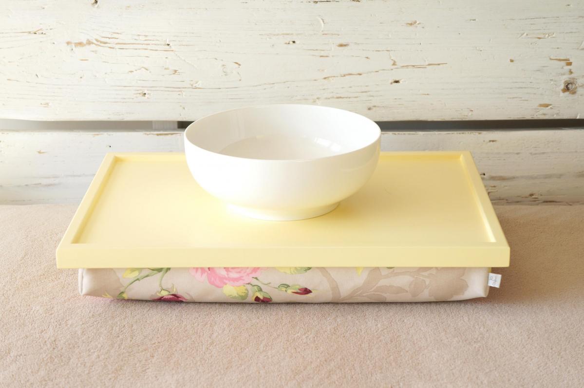 Laptop Lap Desk Or Breakfast Serving Tray - Soft Yellow With Rose Floral Print Pillow