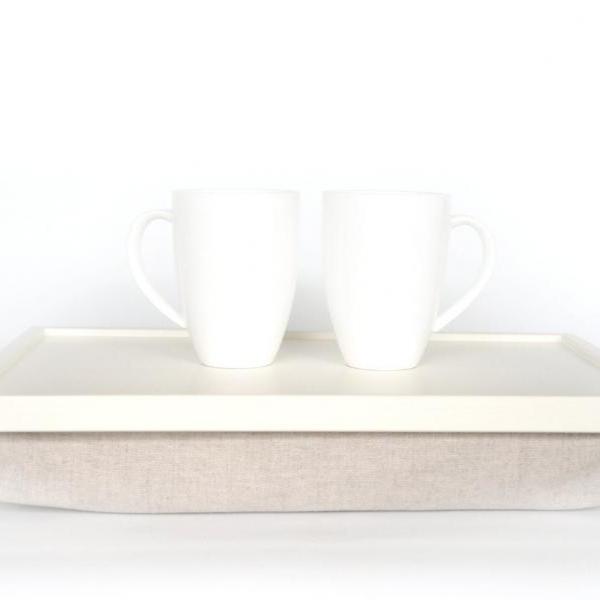 Wood Sofa tray, Breakfast serving or Laptop Lap Desk- off white with natural thick linen pillow